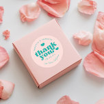 Retro Union Pink and Teal Wedding Thank You Classic Round Sticker<br><div class="desc">Retro inspired font "Thank you" with hearts,  in editable colors for background and graphics.</div>