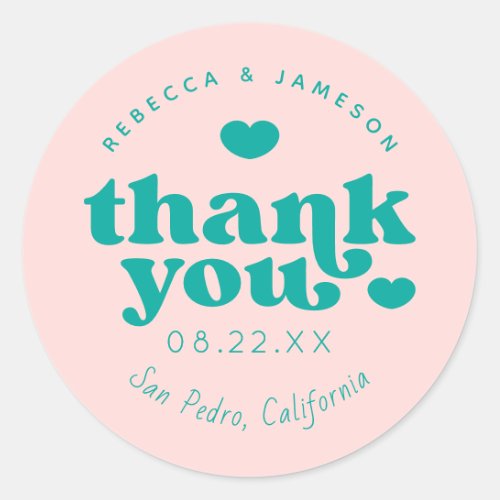 Retro Union Pink and Teal Wedding Thank You Classic Round Sticker