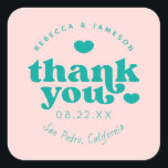 Retro Union Pink and Teal Wedding Thank You Square Sticker<br><div class="desc">Retro inspired font "Thank you" with hearts,  in editable colors for background and graphics.</div>