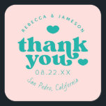 Retro Union Pink and Teal Wedding Thank You Square Sticker<br><div class="desc">Retro inspired font "Thank you" with hearts,  in editable colors for background and graphics.</div>