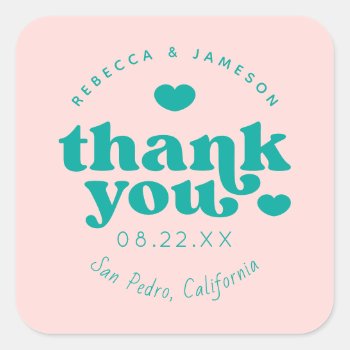 Retro Union Pink And Teal Wedding Thank You Square Sticker by beckynimoy at Zazzle