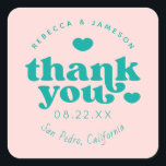 Retro Union Pink and Teal Wedding Thank You Square Sticker<br><div class="desc">Retro inspired font "Thank you" with hearts,  in editable colors for background and graphics.</div>