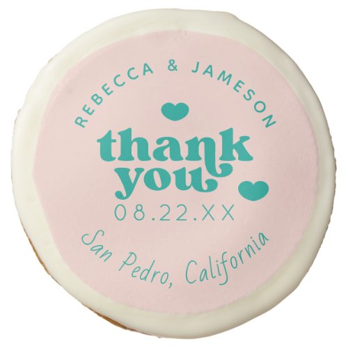 Retro Union Pink and Teal Wedding Thank You Sugar Cookie