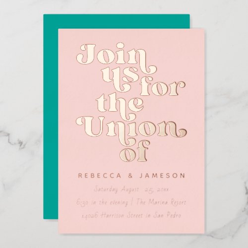 Retro Union Wedding Blush Teal Rose Foil Invitation