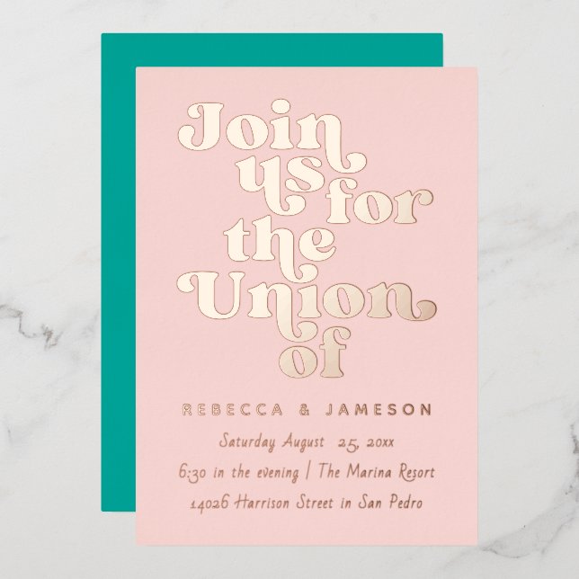 Retro Union Wedding Blush Teal Rose Foil Invitation (Front/Back)
