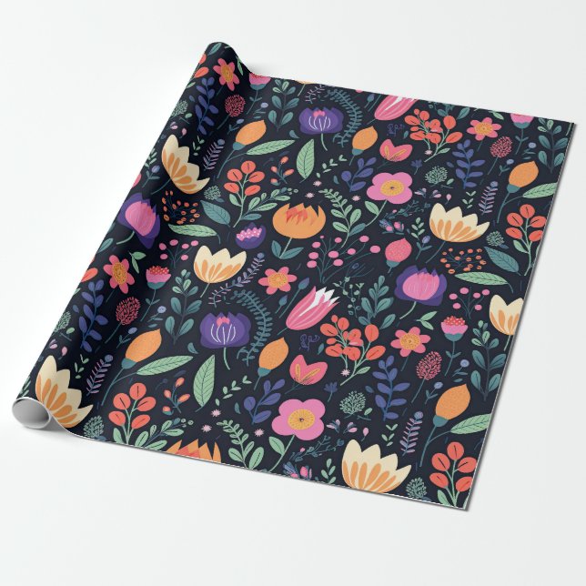 Retro Unique Bold Boho Style Whimsical Floral Gift Wrapping Paper (Unrolled)