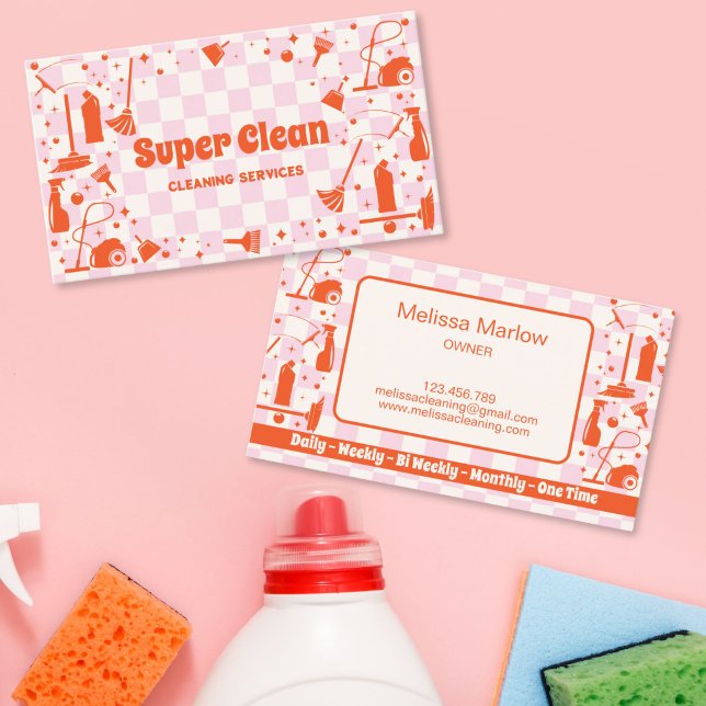 Retro Unique Maid House Cleaning Services Business Card (retro 70s red and pink house cleaning business cards)