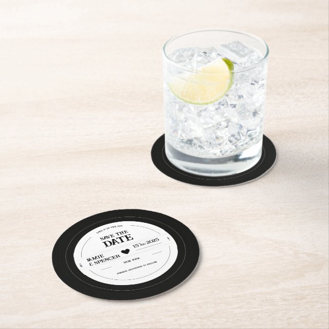 Retro Unique Vinyl Record Wedding Save the Date Round Paper Coaster (Insitu)