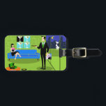 Retro Urban Cartoon Couple Luggage Tag<br><div class="desc">This customizable Retro Urban Cartoon Couple Luggage Tag features the cartoon drawing of an elegantly decorated penthouse apartment, overlooking a city skyline. The apartment features a green floor and a green brick wall. On the wall are four Classic Movie Martini Stretched Canvas Prints, also available from StrangeLittleOnion's Zazzle store (hint,...</div>