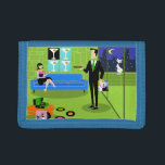 Retro Urban Cartoon Couple Nylon Wallet<br><div class="desc">This Retro Urban Cartoon Couple Nylon Wallet features the cartoon drawing of an elegantly decorated penthouse apartment, overlooking a city skyline. The apartment features a green floor and a green brick wall. On the wall are four Classic Movie Martini Stretched Canvas Prints, also available from StrangeLittleOnion's Zazzle store (hint, hint!)....</div>