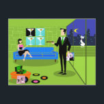 Retro Urban Cartoon Couple Postcard<br><div class="desc">This Retro Urban Cartoon Couple Postcard features the cartoon drawing of an elegantly decorated penthouse apartment, overlooking a city skyline. The apartment features a green floor and a green brick wall. On the wall are four Classic Movie Martini Stretched Canvas Prints, also available from StrangeLittleOnion's Zazzle store (hint, hint!). Three...</div>