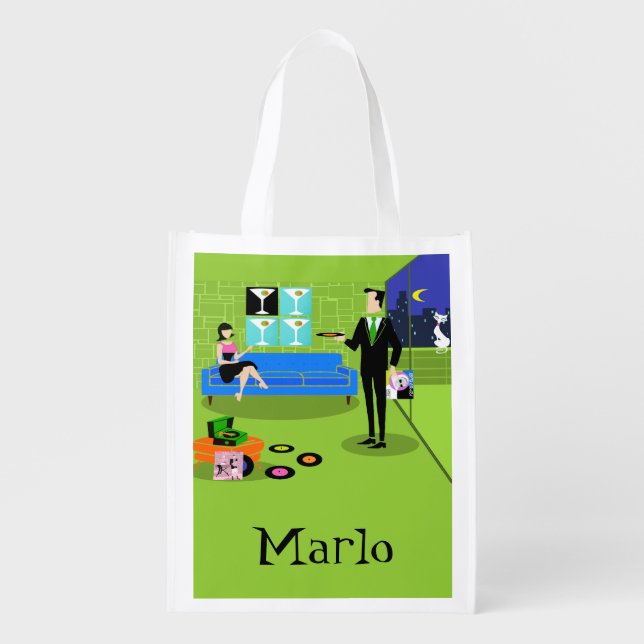 Retro Urban Cartoon Couple Reusable Grocery Bag (Front)
