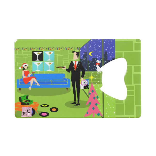 Retro Urban Christmas Couple Card Bottle Opener (Front (Horizontal))
