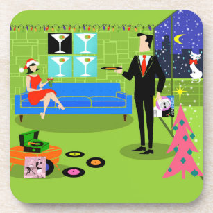 Retro Urban Christmas Couple Cork Coasters