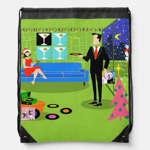 Retro Urban Christmas Couple Drawstring Backpack