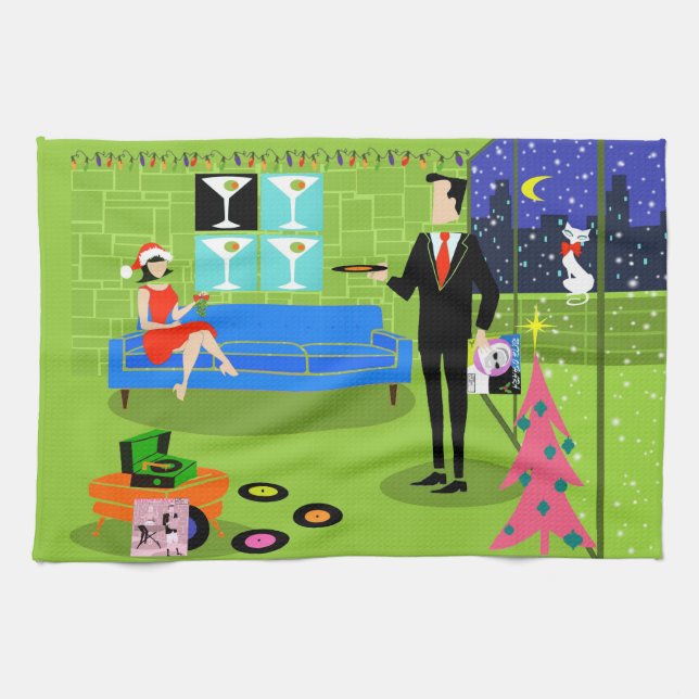 Retro Urban Christmas Couple Kitchen Towel (Horizontal)