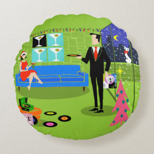 Retro Urban Christmas Couple Round Pillow