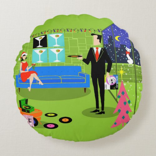 Retro Urban Christmas Couple Round Pillow