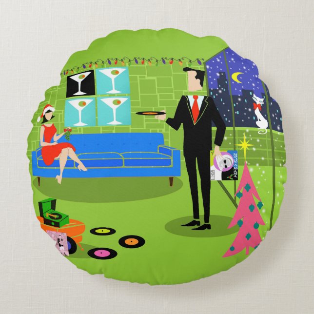 Retro Urban Christmas Couple Round Pillow (Front)