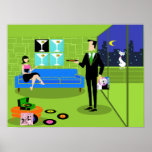 Retro Urban Couple Poster<br><div class="desc">This Retro Urban Cartoon Couple Poster features the cartoon drawing of an elegantly decorated penthouse apartment, overlooking a city skyline. The apartment features a green floor and a green brick wall. On the wall are four Classic Movie Martini Stretched Canvas Prints, also available from StrangeLittleOnion's Zazzle store (hint, hint!). Three...</div>