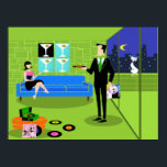 Retro Urban Couple Poster<br><div class="desc">This Retro Urban Cartoon Couple Poster features the cartoon drawing of an elegantly decorated penthouse apartment, overlooking a city skyline. The apartment features a green floor and a green brick wall. On the wall are four Classic Movie Martini Stretched Canvas Prints, also available from StrangeLittleOnion's Zazzle store (hint, hint!). Three...</div>