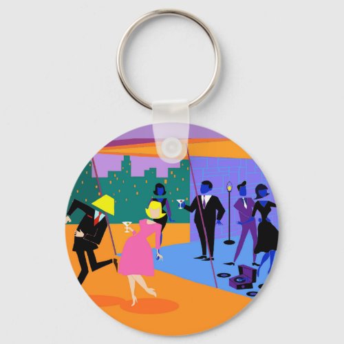 Retro Urban Rooftop Party Button Keychain