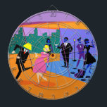 Retro Urban Rooftop Party Dart Board<br><div class="desc">This Retro Urban Rooftop Party Dart Board is intoxicating in its detail. The cartoon design features the type of wildly sophisticated cocktail party that is normally only seen in movies from the 1960s. There is a lot for the partygoers to take in. From the comfort of a penthouse apartment, guests...</div>