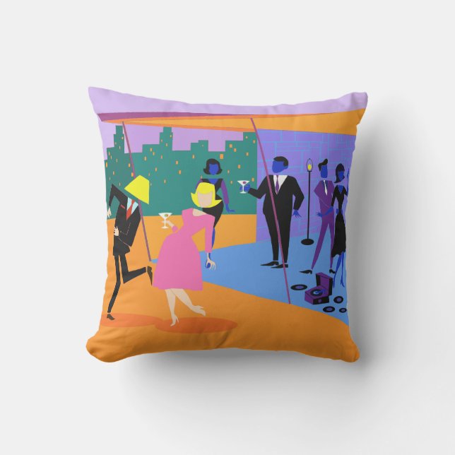 Retro Urban Rooftop Party Outdoor Pillow (Front)