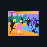 Retro Urban Rooftop Party Stretched Canvas Print<br><div class="desc">This Retro Urban Rooftop Party Stretched Canvas Print is intoxicating in its detail. The cartoon design features the type of wildly sophisticated cocktail party that is normally only seen in movies from the 1960s. There is a lot for the partygoers to take in. From the comfort of a penthouse apartment,...</div>