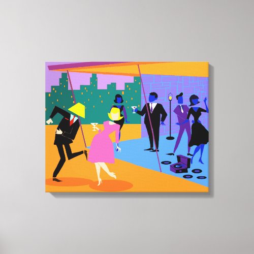 Retro Urban Rooftop Party Stretched Canvas Print