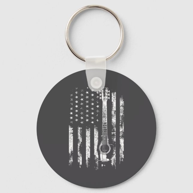 Retro Us Flag Acoustic Guitar Distressed Patriotic Keychain (Front)