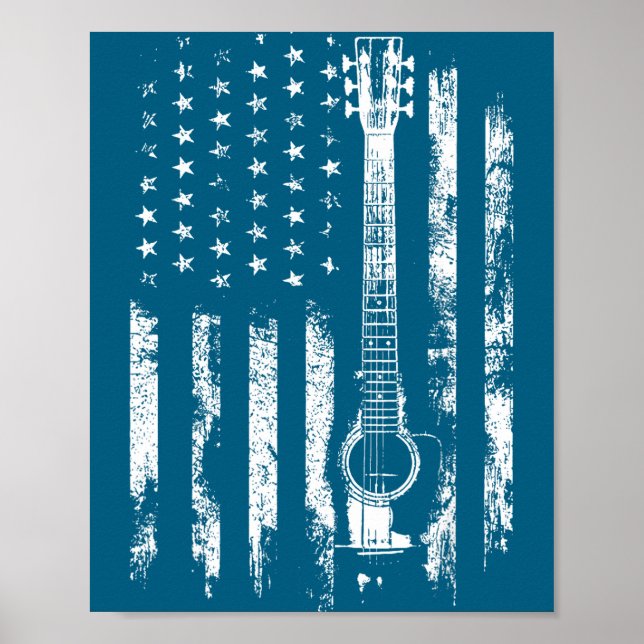 Retro Us Flag Acoustic Guitar Distressed Patriotic Poster (Front)