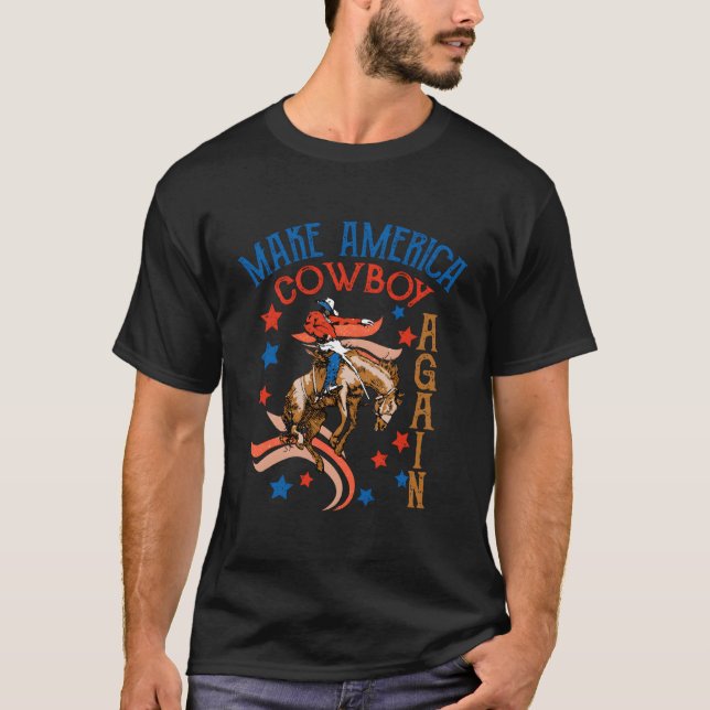 Retro Us Flag Cowboy Bucking Horse July 4Th Wester T-Shirt (Front)
