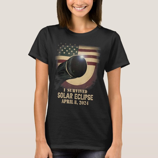Retro US Flag I Survived Total Solar Eclipse 2024 T-Shirt (Front)