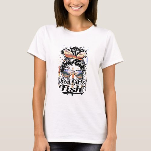 Retro US Flag Messy Bun Hair Reel Girls Fish Fishe T_Shirt