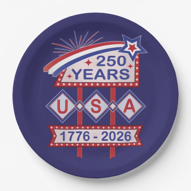 Retro USA 250th Anniversary Marquee Sign 1776-2026 Paper Plates (Front)