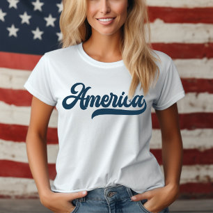 Retro USA America in Decorative Navy Blue Script T-Shirt