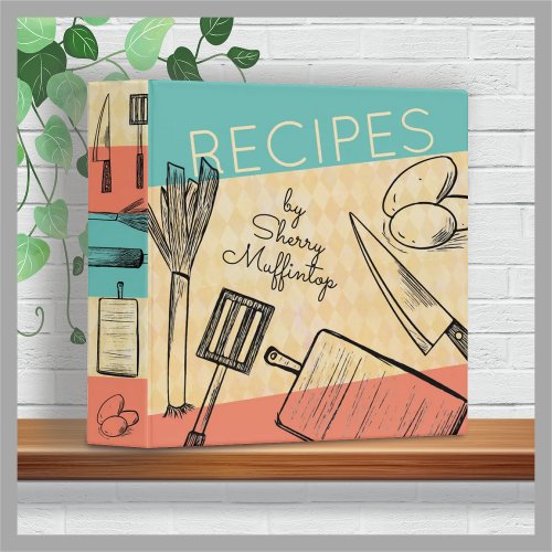 Retro utensils food personalized cookbook recipe 3 ring binder