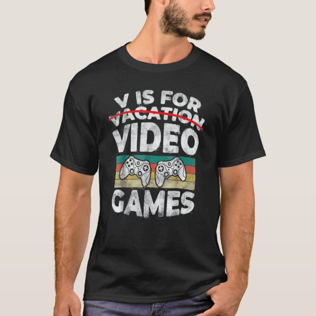Retro V Is For Video Games Valentine Day Gamer Boy T-Shirt (Front)