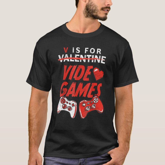 Retro V Is For Video Games Valentine's Day Gamer M T-Shirt (Front)