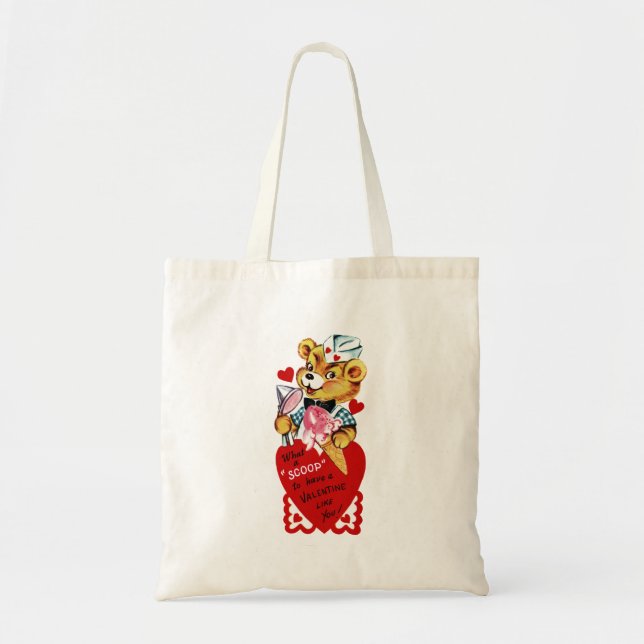 Retro Valentine Bear and Ice Cream Budget Tote Bag (Front)
