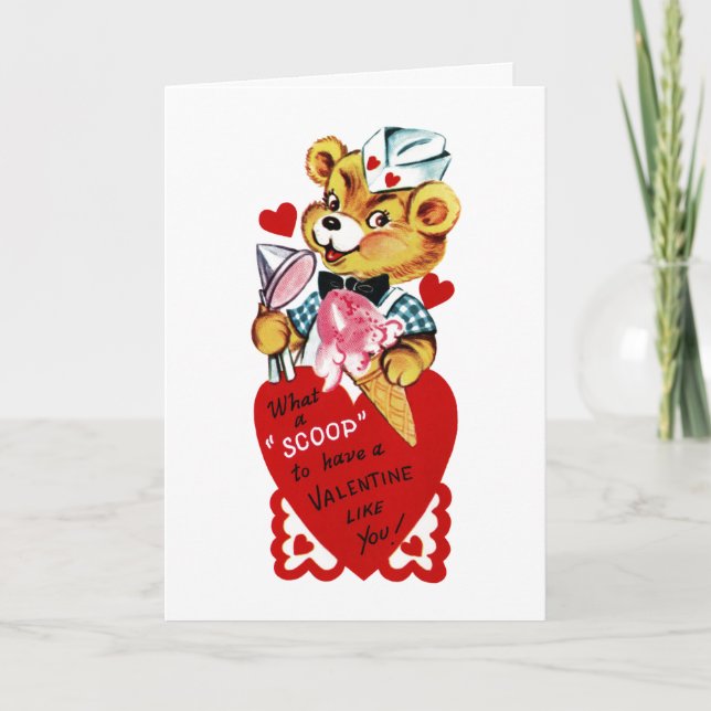 Retro Valentine Bear and Ice Cream Greeting Card (Front)