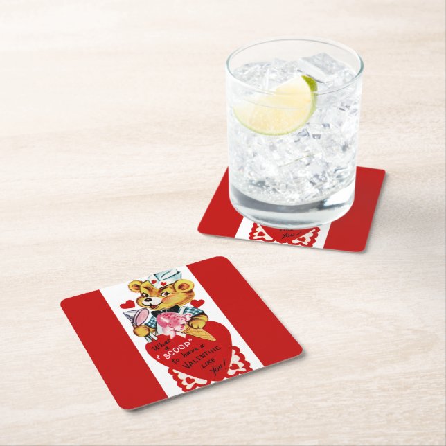 Retro Valentine Bear and Ice Cream Square Paper Coaster (Insitu)