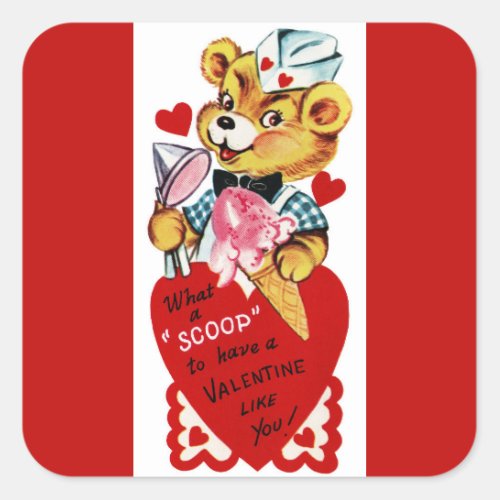Retro Valentine Bear and Ice Cream Square Sticker