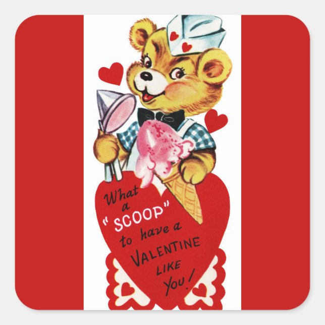Retro Valentine Bear and Ice Cream Square Sticker (Front)