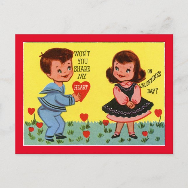 Retro Valentine Boy And Girl Postcard (Front)