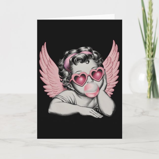 Retro Valentine Day Heart Sungles Cupid Blowing Bu Card (Front)