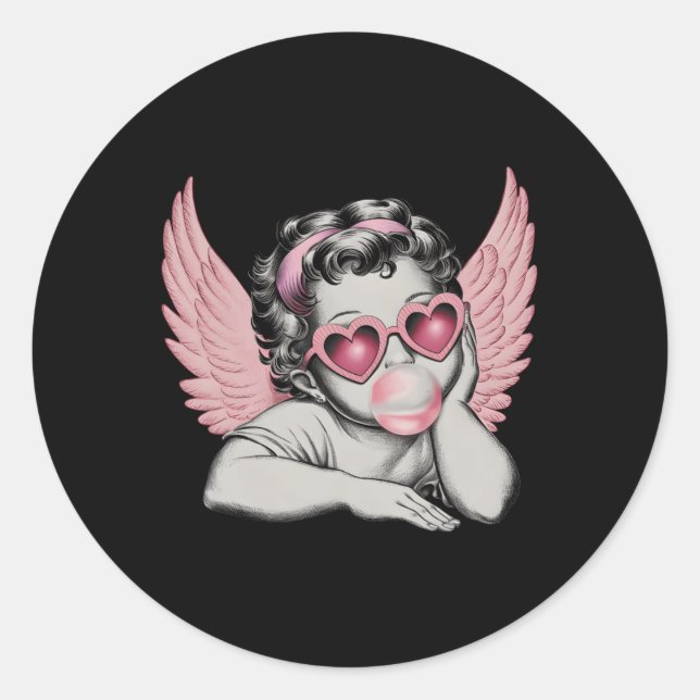 Retro Valentine Day Heart Sungles Cupid Blowing Bu Classic Round Sticker (Front)