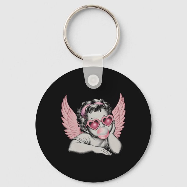 Retro Valentine Day Heart Sungles Cupid Blowing Bu Keychain (Front)