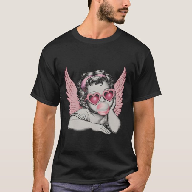 Retro Valentine Day Heart Sungles Cupid Blowing Bu T-Shirt (Front)
